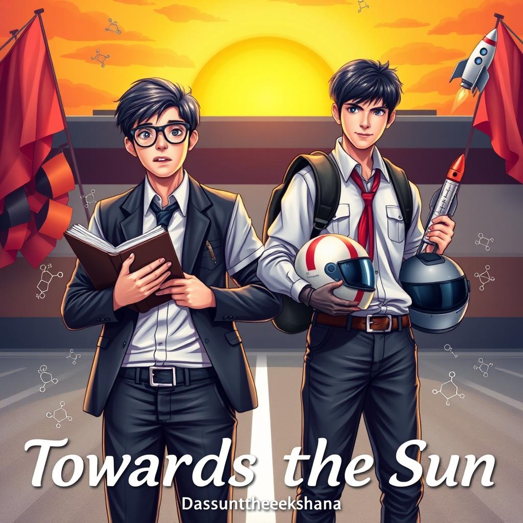 An intriguing book cover for 'Towards the Sun' by Dasuntheekshana, capturing the romantic rivalry between two 18-year-old high school boys