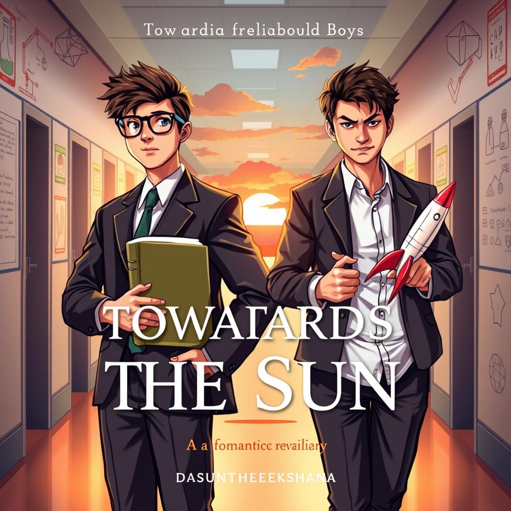 A visually captivating book cover for 'Towards the Sun' by Dasuntheekshana, illustrating the romantic rivalry between two 18-year-old high school boys