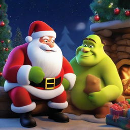 Santa Claus and Shrek, warmly illuminated by a campfire surrounded by twinkling Christmas decorations in a nighttime setting.