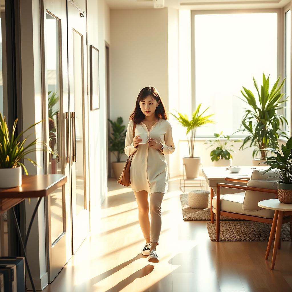 In a bright and modern office setting during the morning, Soo-ah, a cute Korean girl aged 28 with shoulder-length brown hair, walks towards Ji-hoon's office, holding a steaming coffee cup in her hands