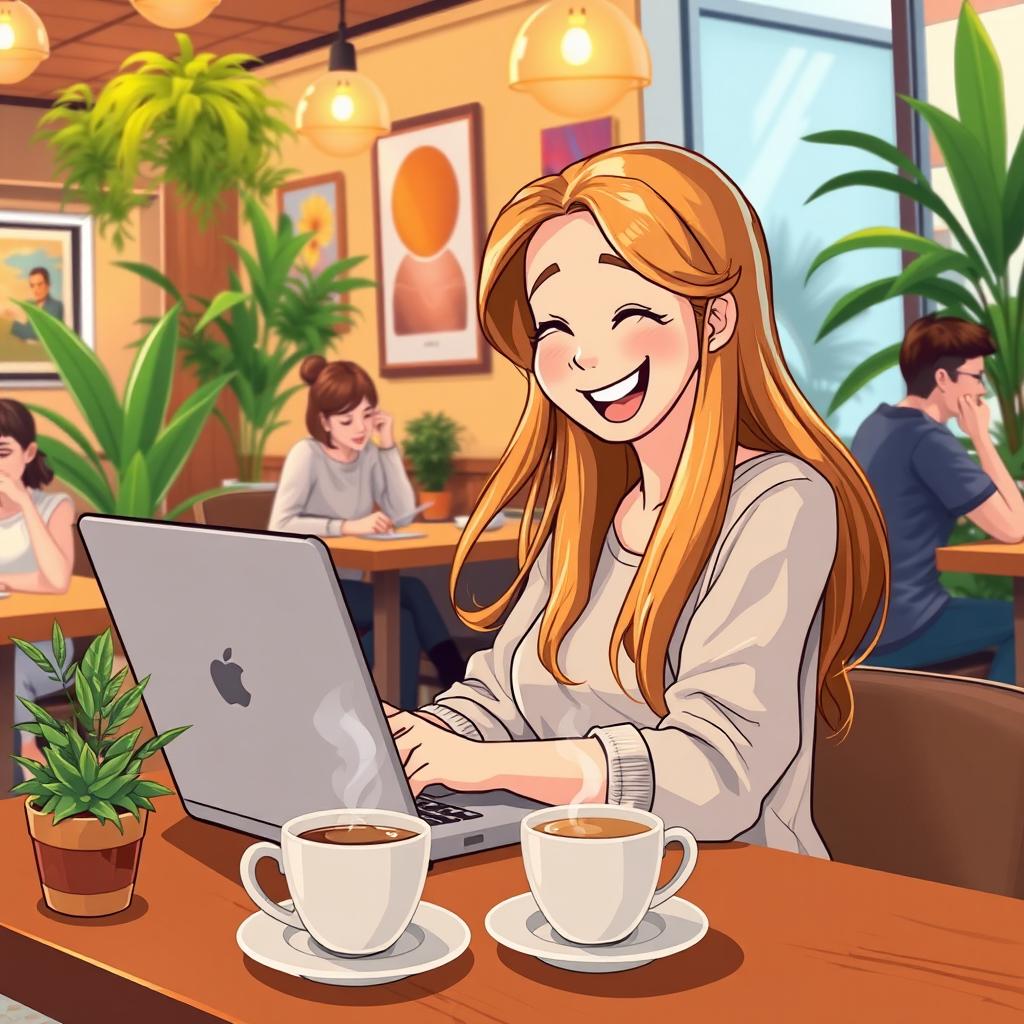 A vibrant and engaging digital illustration showcasing a person joyfully using Facebook on a laptop at a cozy coffee shop