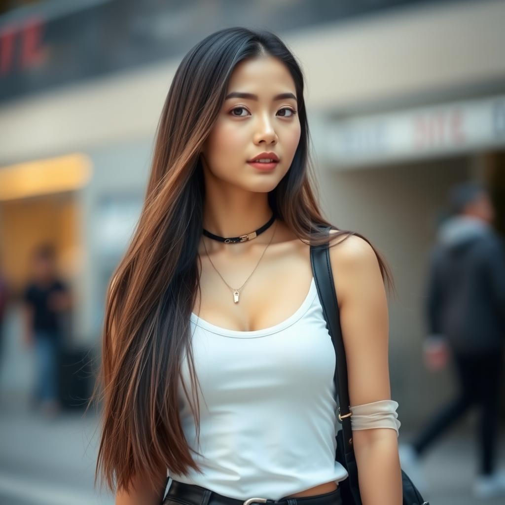 A stylish Asian female in a fashionable outfit, showcasing a half-body pose