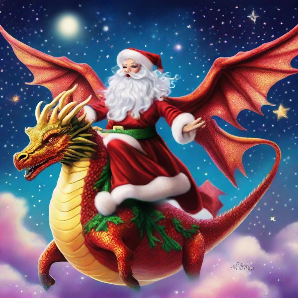 A flamboyant drag queen Santa riding a majestic dragon in the sky, navigating through the twinkling stars.