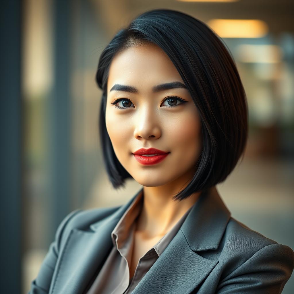 A stylish, professional Asian female in a chic business outfit, featuring a tailored blazer and a sophisticated blouse
