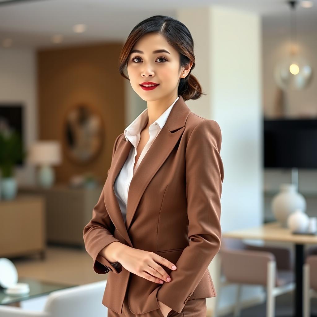 A stylish, professional Asian female in a chic business outfit, captured in a 3/4 body view