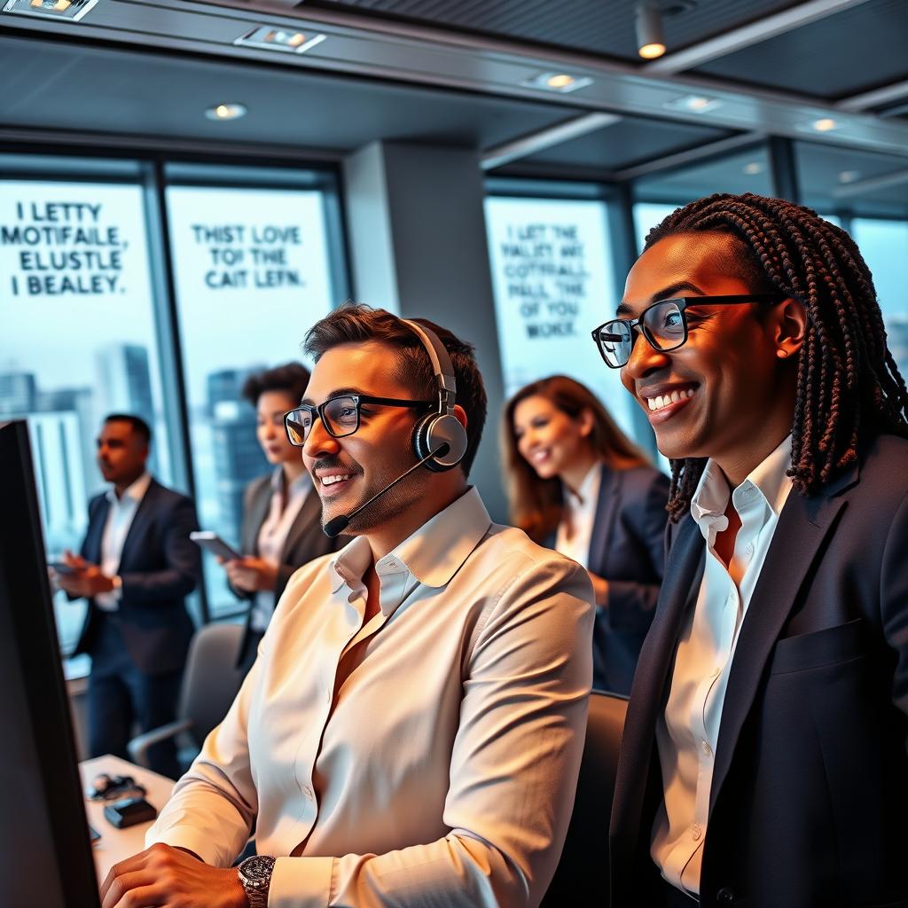 A dynamic scene showcasing a group of diverse salespeople in a modern office setting