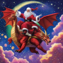 A flamboyant drag queen Santa riding a majestic dragon in the sky, navigating through the twinkling stars.