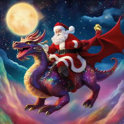 A flamboyant drag queen Santa riding a majestic dragon in the sky, navigating through the twinkling stars.