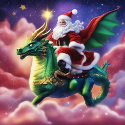 A flamboyant drag queen Santa riding a majestic dragon in the sky, navigating through the twinkling stars.