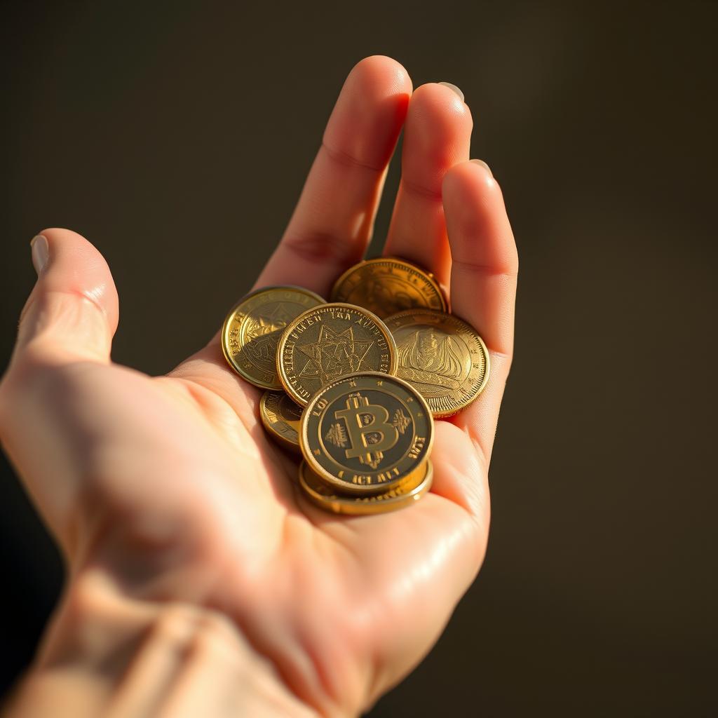 A close-up shot of a hand gracefully giving a collection of shimmering coins, with the coins glistening in the light