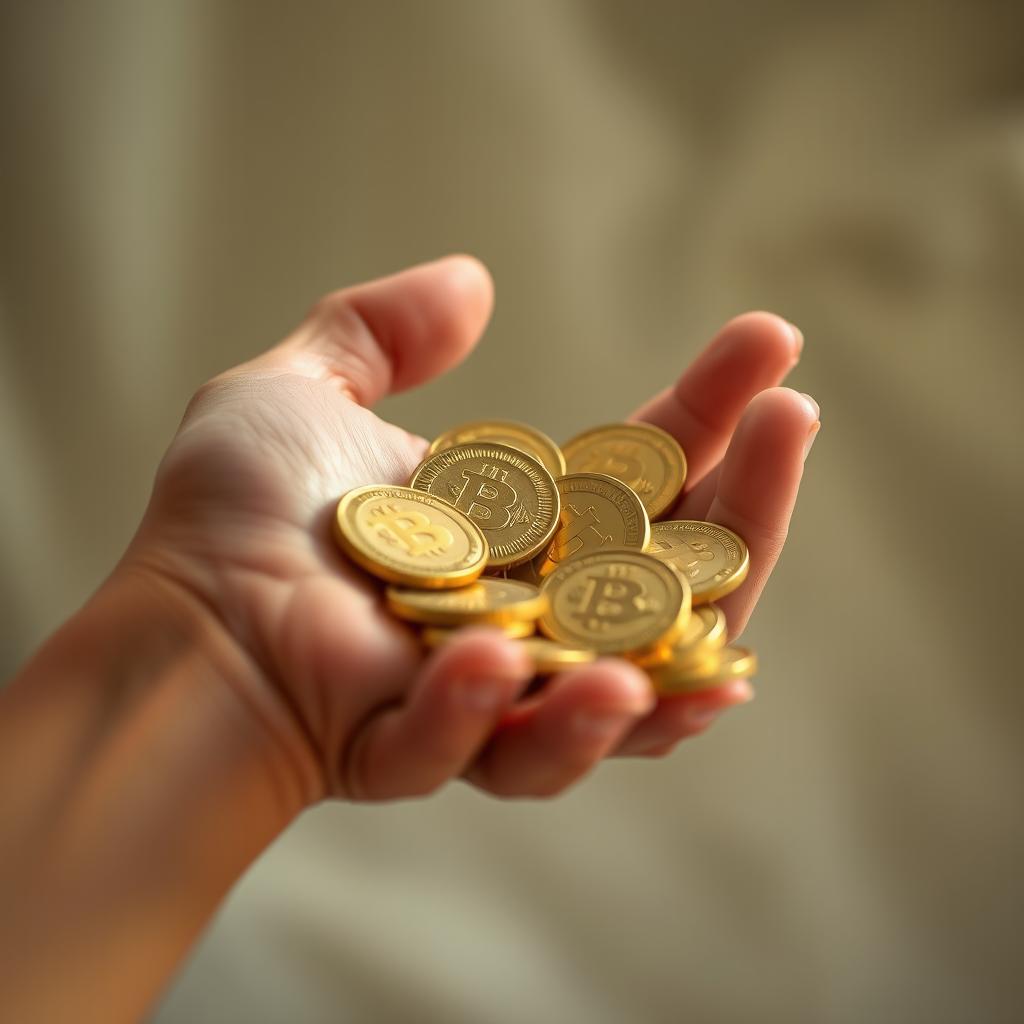 A close-up shot of a hand extending gracefully to offer a handful of shiny, gold coins, with the coins catching the light and reflecting a warm glow