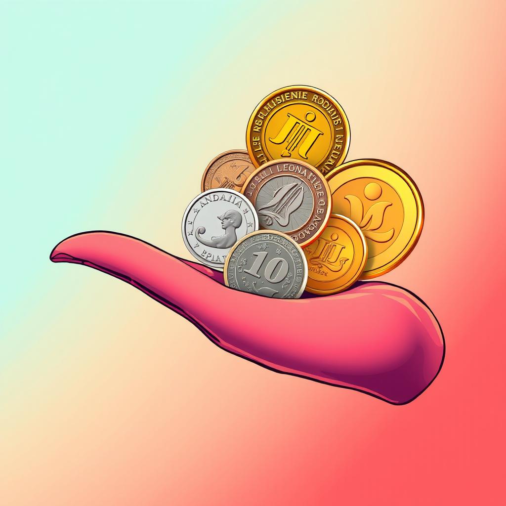 A vibrant vector art illustration depicting a hand elegantly offering a collection of Indonesian Rupiah coins