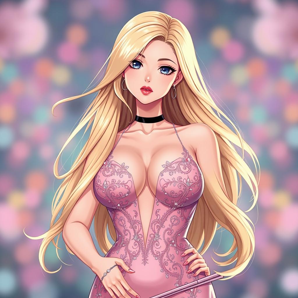 A sexy anime girl with long, flowing blonde hair styled beautifully, wearing a stunning and elegant dress that accentuates her curves, featuring a plunging neckline that highlights her voluptuous figure