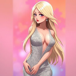 A sexy anime girl with long, flowing blonde hair styled beautifully, wearing a stunning and elegant dress that accentuates her curves, featuring a plunging neckline that highlights her voluptuous figure