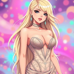 A sexy anime girl with long, flowing blonde hair styled beautifully, wearing a stunning and elegant dress that accentuates her curves, featuring a plunging neckline that highlights her voluptuous figure