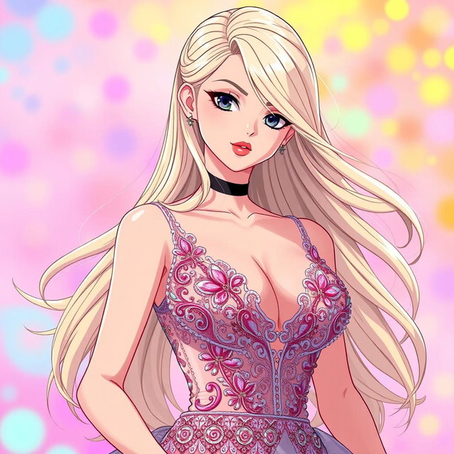 A sexy anime girl with long, flowing blonde hair styled beautifully, wearing a stunning and elegant dress that accentuates her curves, featuring a plunging neckline that highlights her voluptuous figure