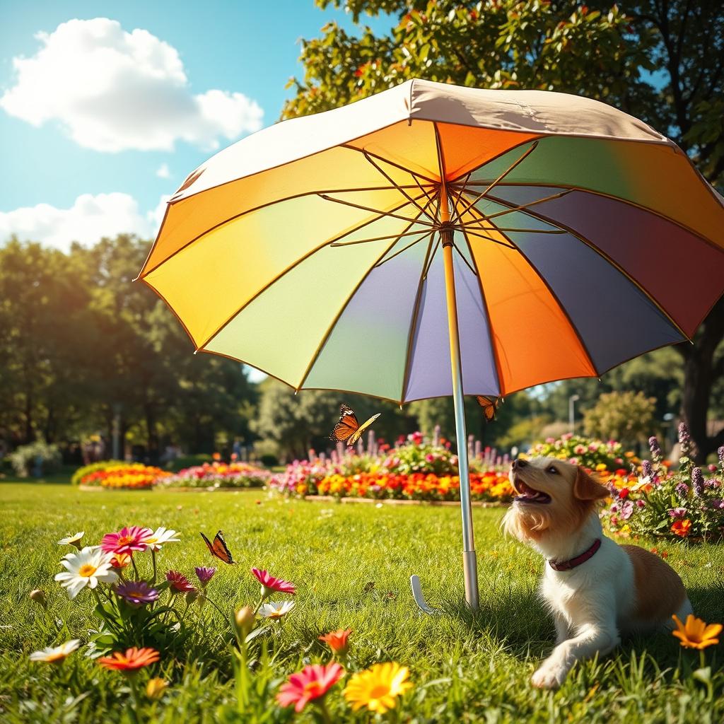A bright and colorful scene of a large, open umbrella in a vibrant park during a sunny day, surrounded by lush green grass and blooming flowers in various colors