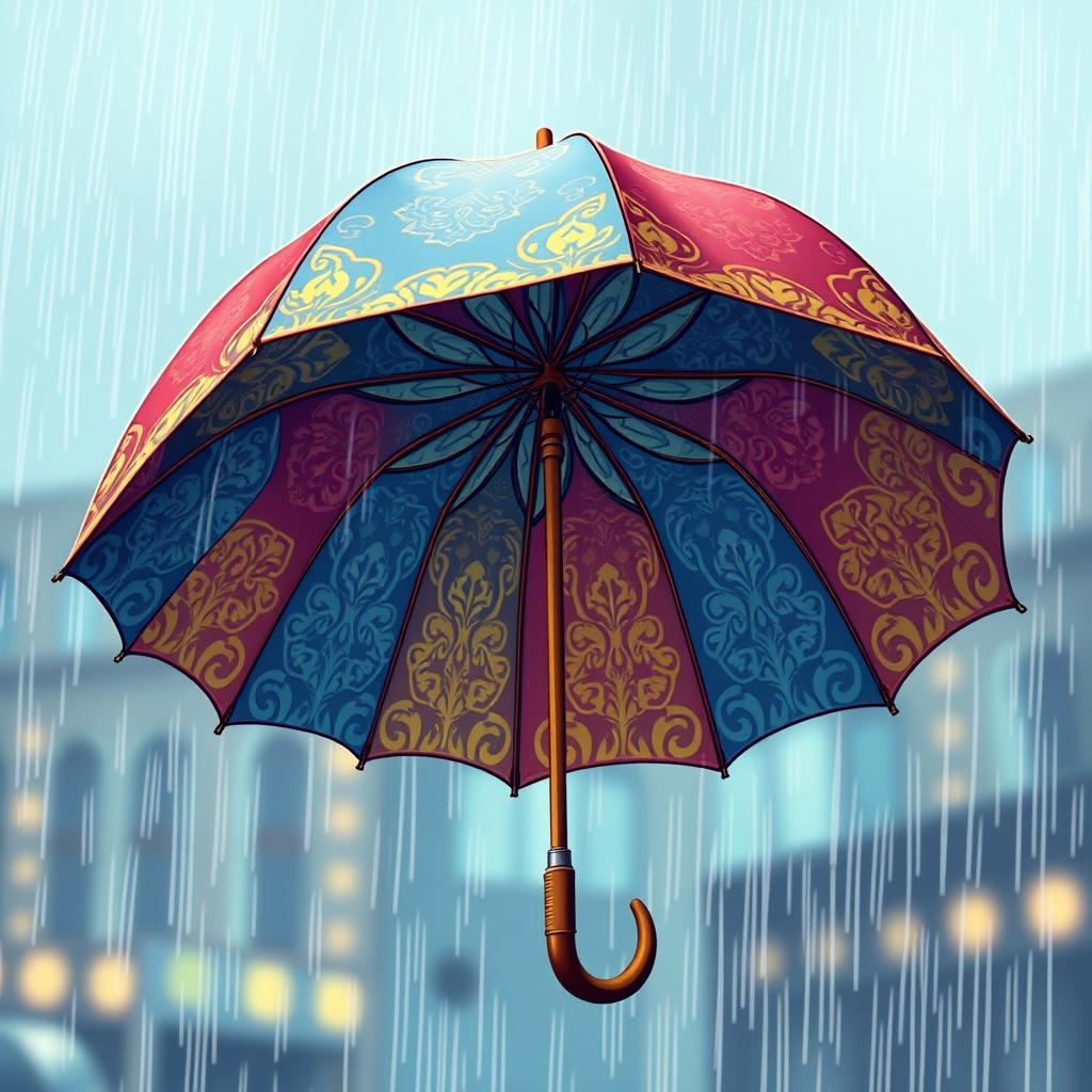 A colorful, vibrant illustration of a classic umbrella opened wide against a rainy backdrop