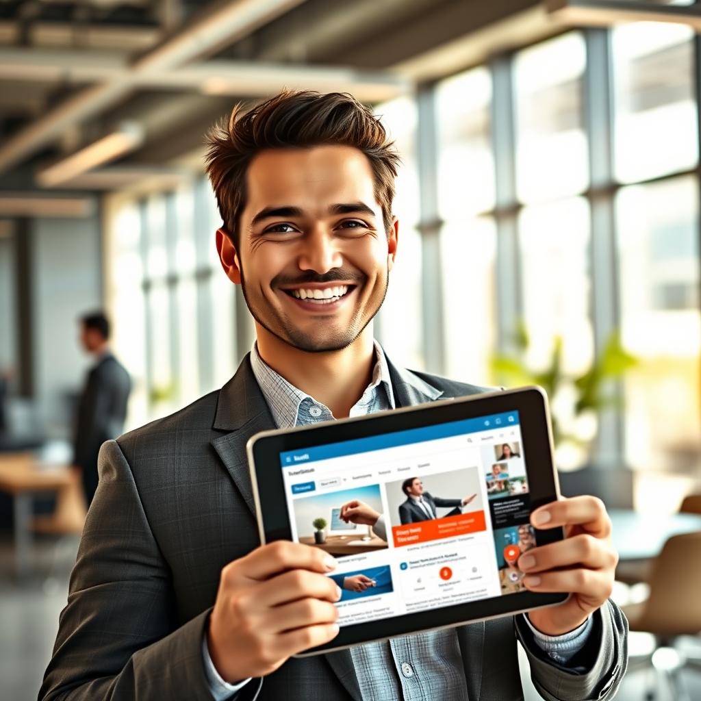 A stylish and modern LinkedIn user profile, featuring an individual in professional attire, smiling confidently at the camera