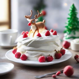 Rudolph the red-nosed reindeer dynamically soaring over an appealing plate of Pavlova dessert.