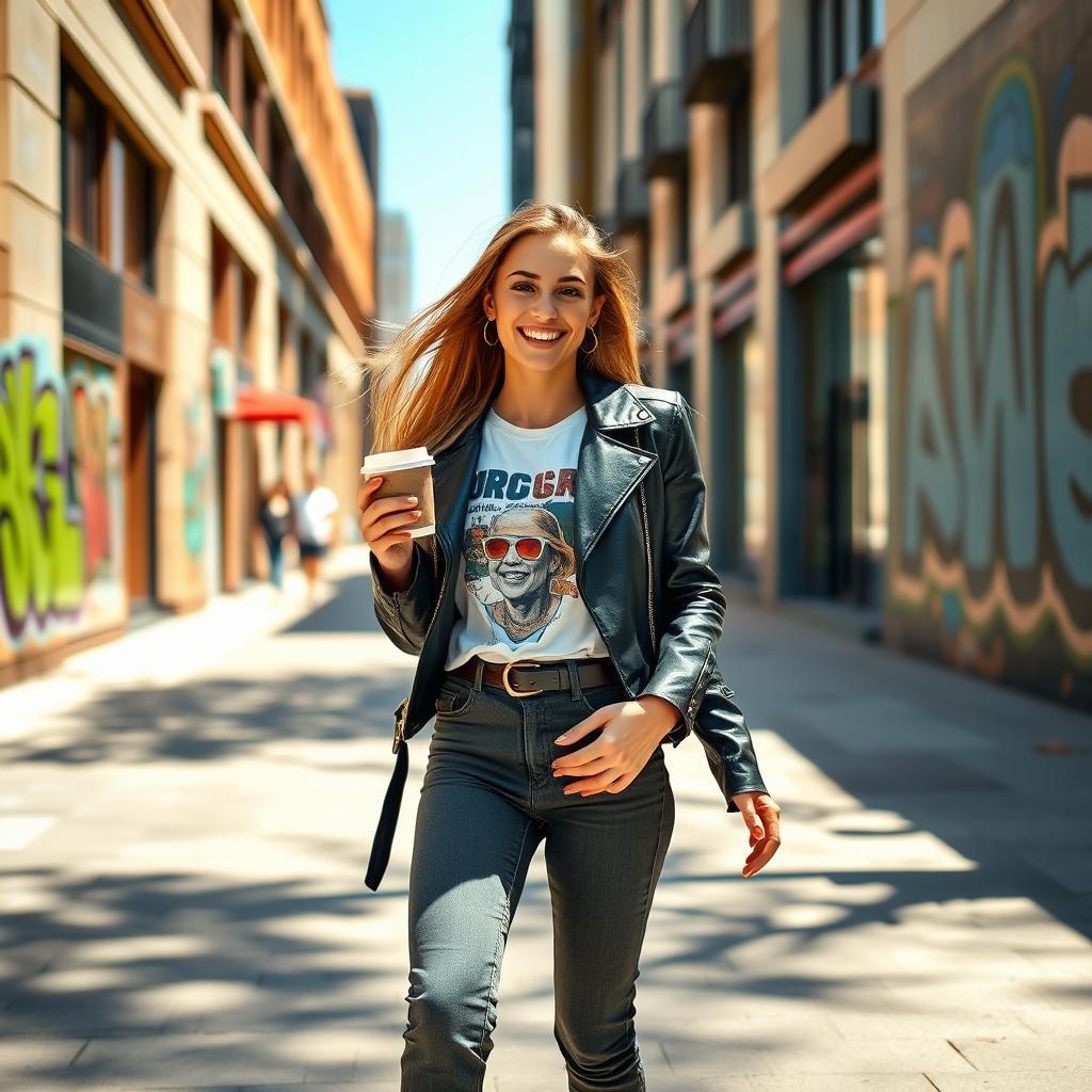 A stylish young woman walking confidently through a vibrant city street, with a backdrop of modern architecture