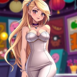 A sexy anime girl with long, flowing blonde hair styled elegantly, wearing a beautiful, form-fitting tight dress that accentuates her curves and highlights her voluptuous figure