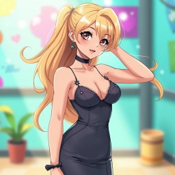 A sexy anime girl with long, flowing blonde hair styled elegantly, wearing a beautiful, form-fitting tight dress that accentuates her curves and highlights her voluptuous figure