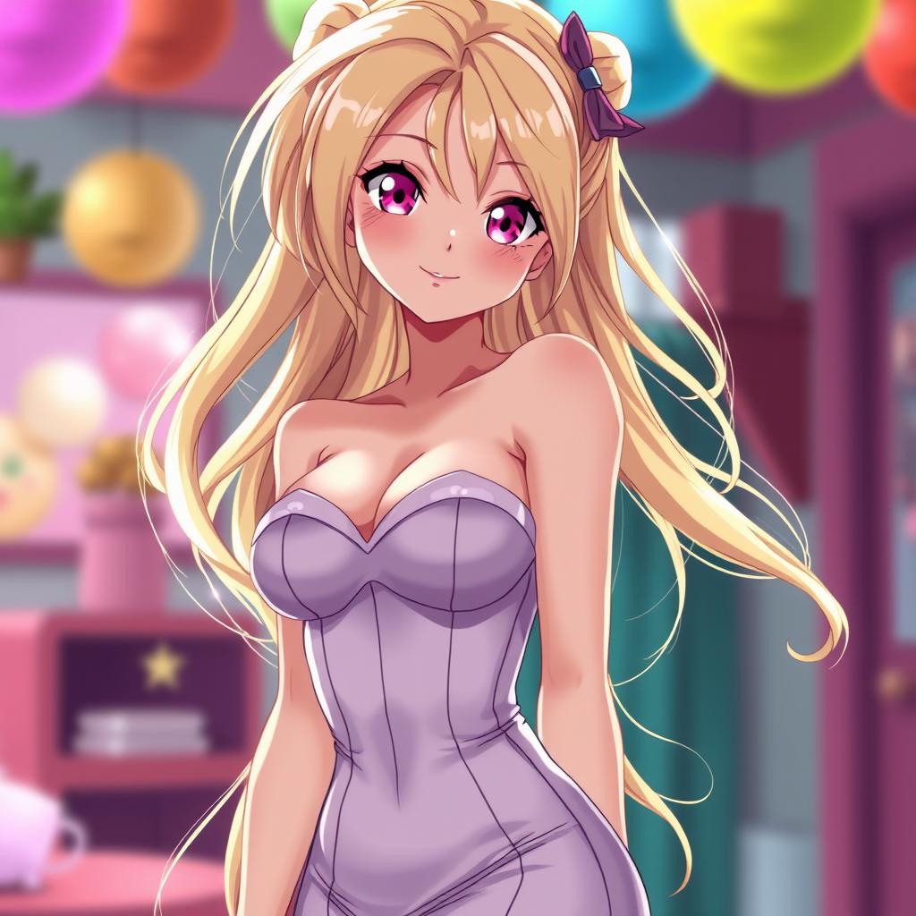 A sexy anime girl with long, flowing blonde hair styled elegantly, wearing a beautiful, form-fitting tight dress that accentuates her curves and highlights her voluptuous figure