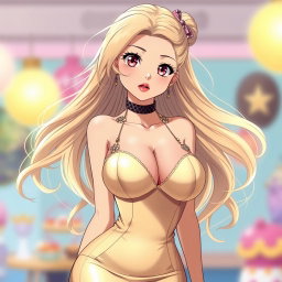 A sexy anime girl with long, flowing blonde hair styled elegantly, wearing a beautiful, form-fitting tight dress that accentuates her curves and highlights her voluptuous figure