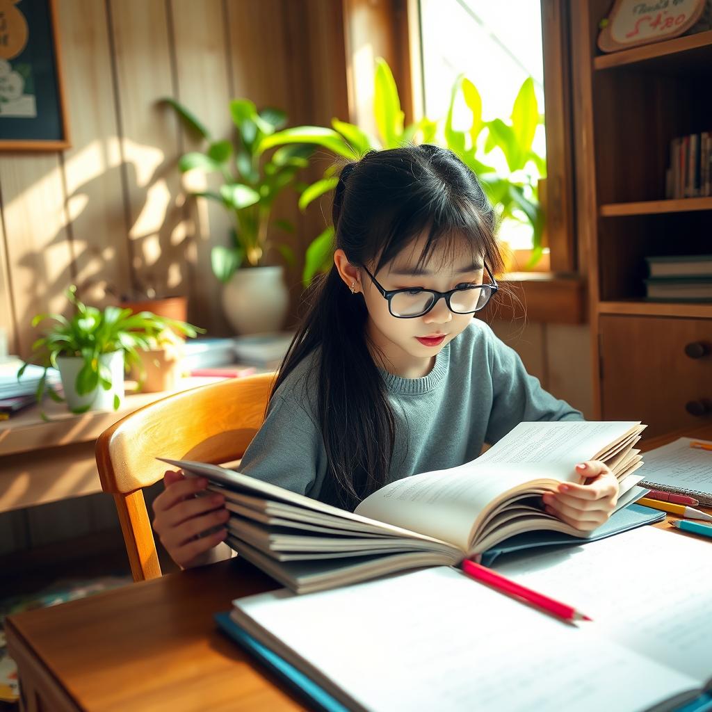 A young Korean girl, with long black hair tied into a ponytail, sitting at a wooden desk in a cozy room