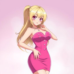 A sexy anime girl with long, flowing blonde hair styled beautifully, wearing a gorgeous, form-fitting tight pink dress that accentuates her curves and features a deep neckline that highlights her voluptuous figure