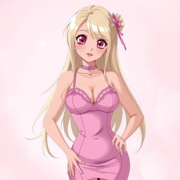 A sexy anime girl with long, flowing blonde hair styled beautifully, wearing a gorgeous, form-fitting tight pink dress that accentuates her curves and features a deep neckline that highlights her voluptuous figure