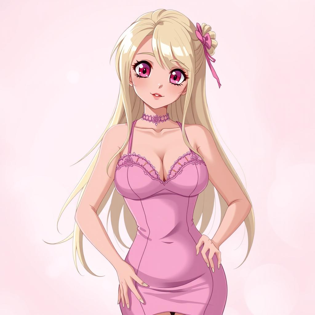 A sexy anime girl with long, flowing blonde hair styled beautifully, wearing a gorgeous, form-fitting tight pink dress that accentuates her curves and features a deep neckline that highlights her voluptuous figure