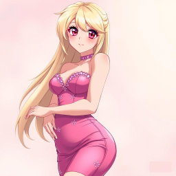 A sexy anime girl with long, flowing blonde hair styled beautifully, wearing a gorgeous, form-fitting tight pink dress that accentuates her curves and features a deep neckline that highlights her voluptuous figure