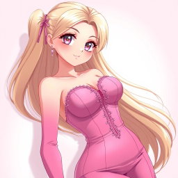 A sexy anime girl with long, flowing blonde hair styled beautifully, wearing a gorgeous, form-fitting tight pink dress that accentuates her curves and features a deep neckline that highlights her voluptuous figure