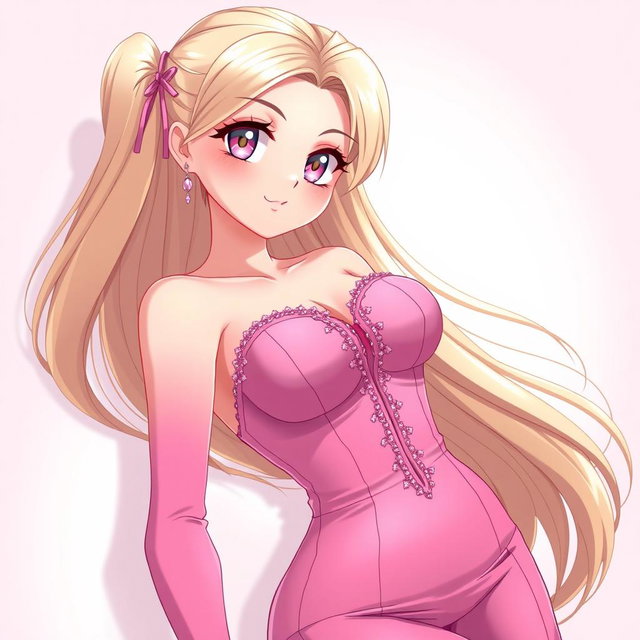 A sexy anime girl with long, flowing blonde hair styled beautifully, wearing a gorgeous, form-fitting tight pink dress that accentuates her curves and features a deep neckline that highlights her voluptuous figure