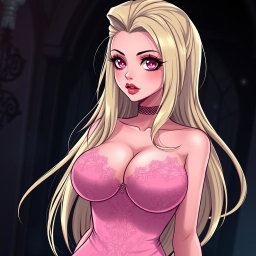 A sexy gothic anime girl with long, striking blonde hair styled dramatically, wearing a beautiful, form-fitting tight pink dress that accentuates her voluptuous figure and features elegant lace detailing