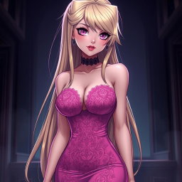 A sexy gothic anime girl with long, striking blonde hair styled dramatically, wearing a beautiful, form-fitting tight pink dress that accentuates her voluptuous figure and features elegant lace detailing