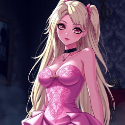 A sexy gothic anime girl with long, striking blonde hair styled dramatically, wearing a beautiful, form-fitting tight pink dress that accentuates her voluptuous figure and features elegant lace detailing