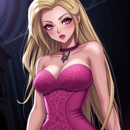 A sexy gothic anime girl with long, striking blonde hair styled dramatically, wearing a beautiful, form-fitting tight pink dress that accentuates her voluptuous figure and features elegant lace detailing