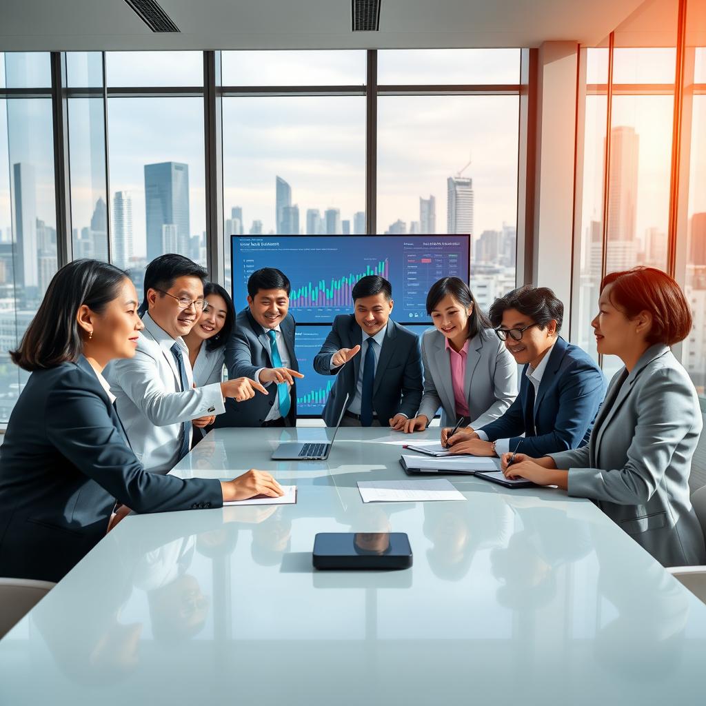 A dynamic and vibrant scene showcasing a diverse group of Asian business professionals engaging in a sales meeting