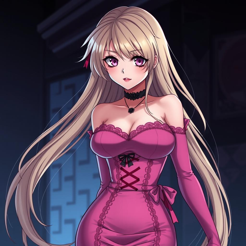 A sexy gothic submissive anime girl with long, striking blonde hair styled dramatically, wearing a beautiful, form-fitting tight pink dress that highlights her voluptuous figure with a deep neckline