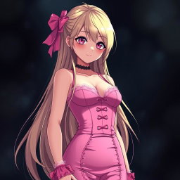 A sexy gothic submissive anime girl with long, striking blonde hair styled dramatically, wearing a beautiful, form-fitting tight pink dress that highlights her voluptuous figure with a deep neckline