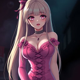 A sexy gothic submissive anime girl with long, striking blonde hair styled dramatically, wearing a beautiful, form-fitting tight pink dress that highlights her voluptuous figure with a deep neckline
