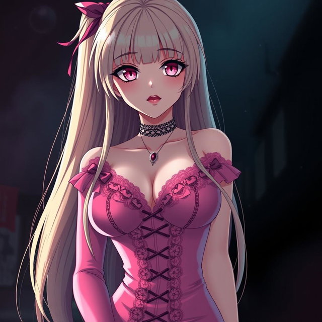 A sexy gothic submissive anime girl with long, striking blonde hair styled dramatically, wearing a beautiful, form-fitting tight pink dress that highlights her voluptuous figure with a deep neckline