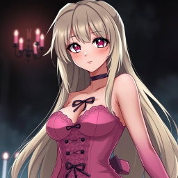 A sexy gothic submissive anime girl with long, striking blonde hair styled dramatically, wearing a beautiful, form-fitting tight pink dress that highlights her voluptuous figure with a deep neckline