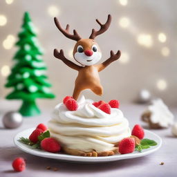 Rudolph the red-nosed reindeer dynamically soaring over an appealing plate of Pavlova dessert.