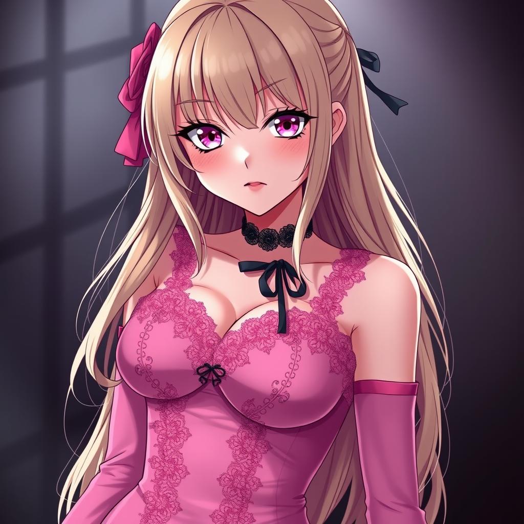 A sexy gothic submissive anime girl with long, dramatic blonde hair, featuring a flustered expression that adds a playful charm
