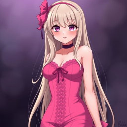 A sexy gothic submissive anime girl with long, dramatic blonde hair, featuring a flustered expression that adds a playful charm