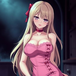 A sexy gothic submissive anime girl with long, dramatic blonde hair, featuring a flustered expression that adds a playful charm